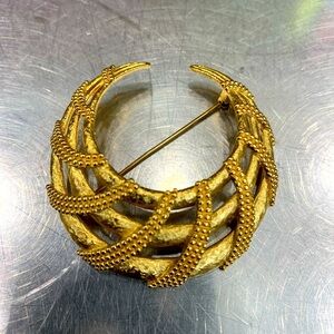 Monet Vintage Crescent Brooch Brushed Gold Tone Domed Open Work Textured Signed